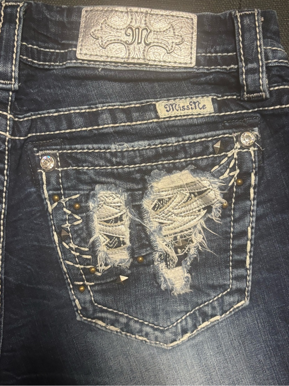 Miss Me Distressed Dark Blue Denim Shorts with Embellished Pockets size 27 - Picture 3 of 5